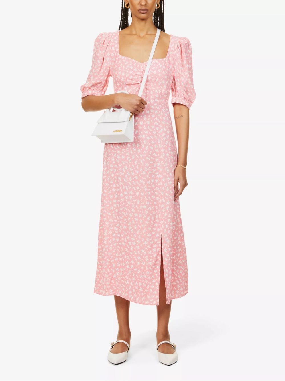 Nobody’s Child Rosie Pink Floral Midi Dress with Puff Sleeves